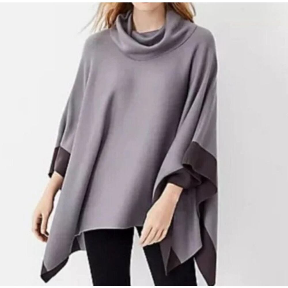 Ann Taylor Poncho Oversized Cowl Neck Knit Sweater Gray Womens Size XS Small